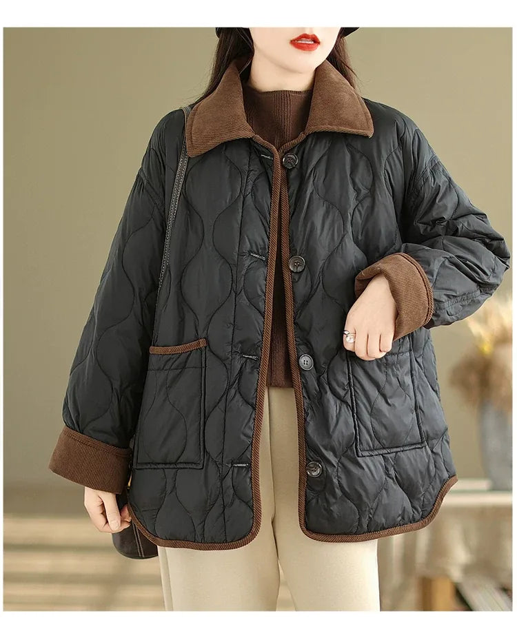 Quilted Padded Jacket with Contrast Corduroy Collar