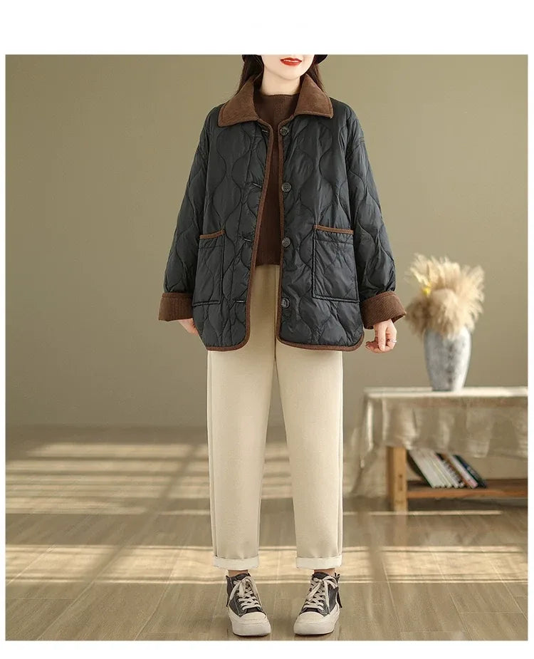 Quilted Padded Jacket with Contrast Corduroy Collar