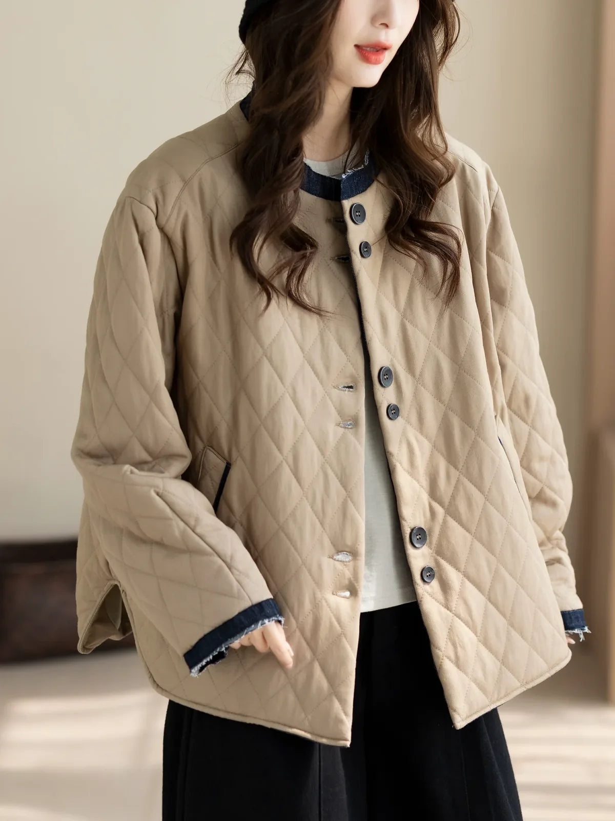 Quilted Padded Jacket with Contrast Denim Trim and Button Front