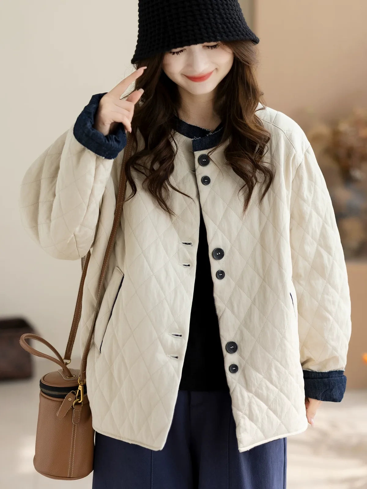 Quilted Padded Jacket with Contrast Denim Trim and Button Front