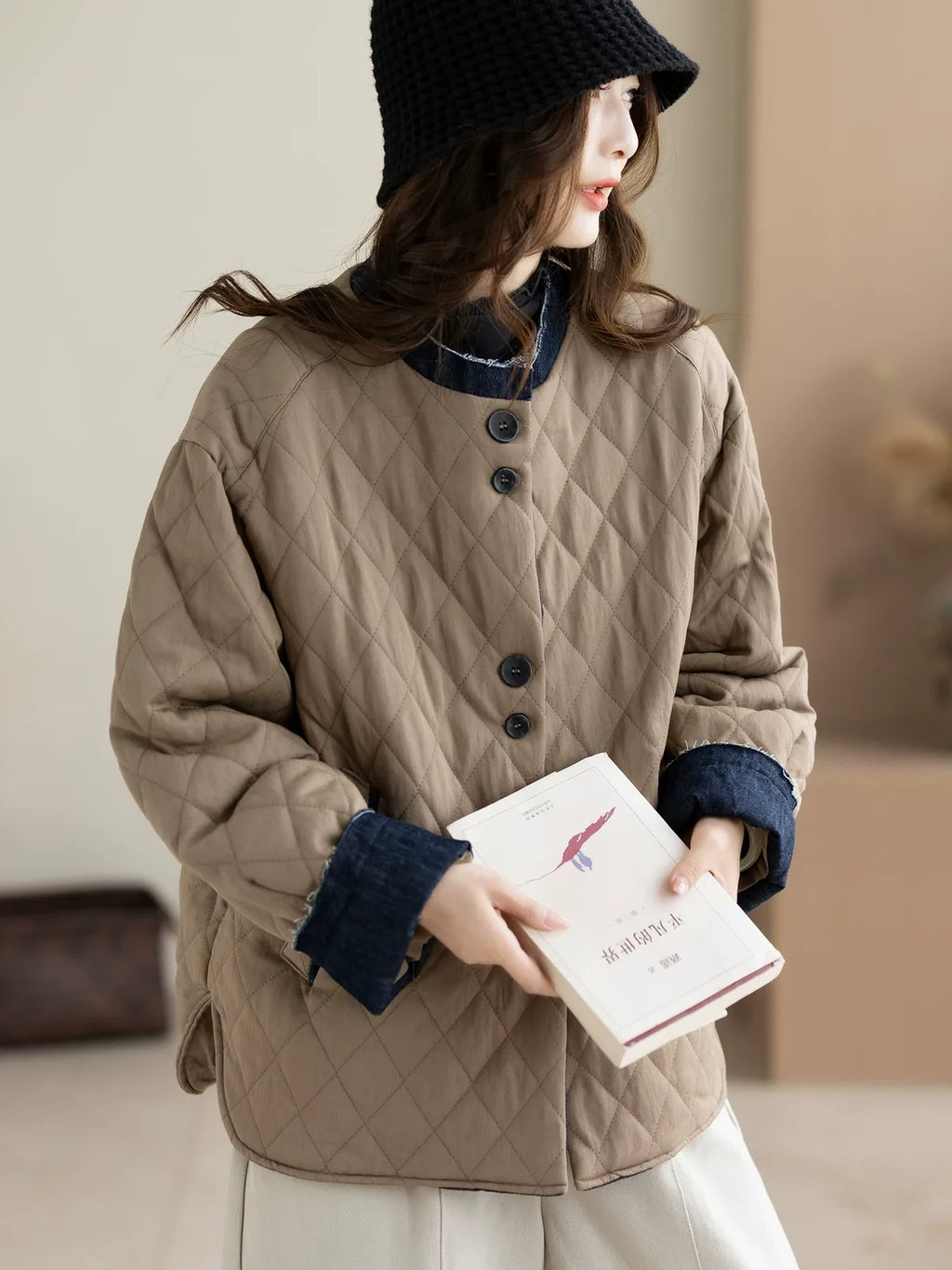 Quilted Padded Jacket with Contrast Denim Trim and Button Front