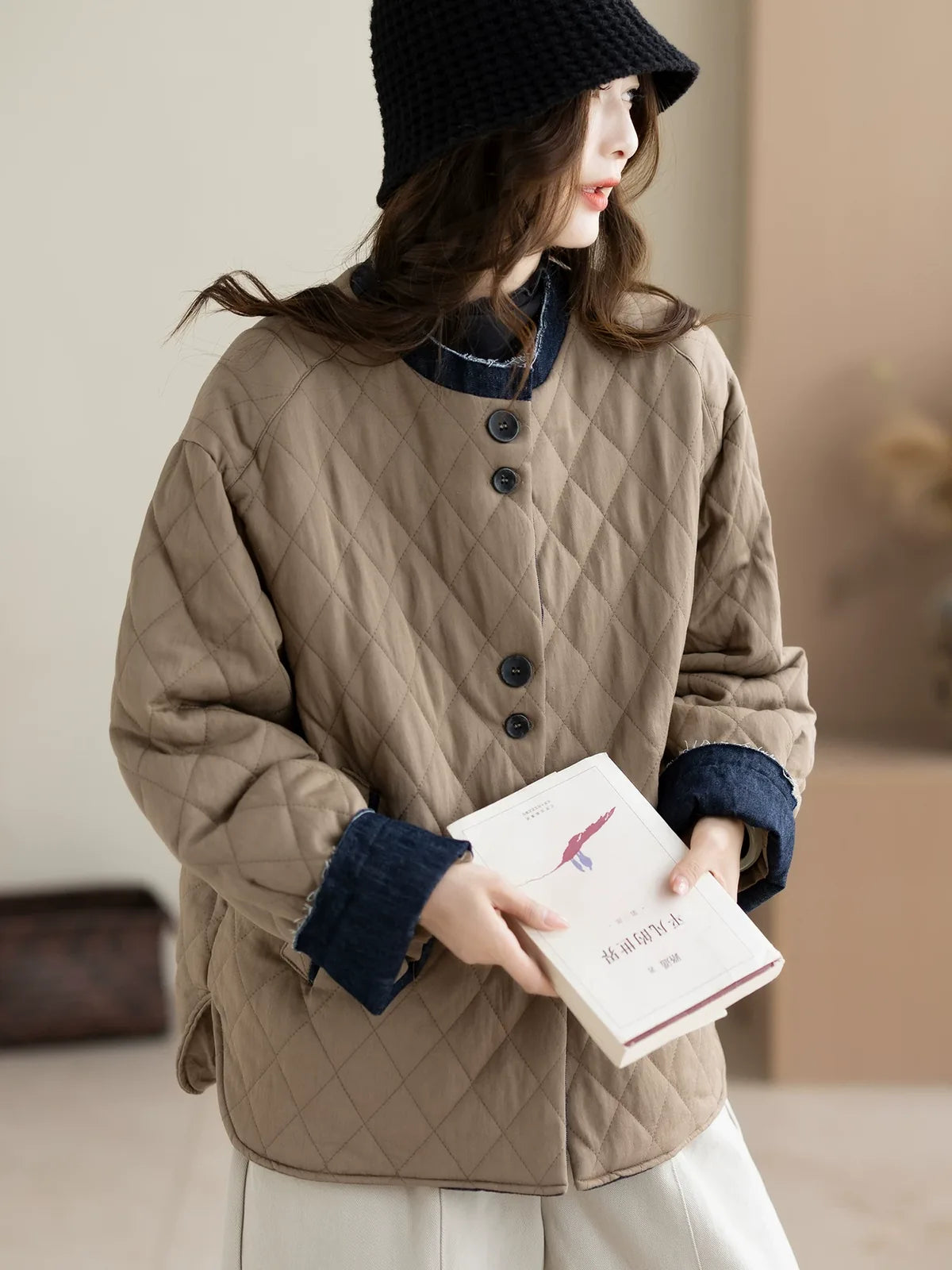 Quilted Padded Jacket with Contrast Denim Trim and Button Front