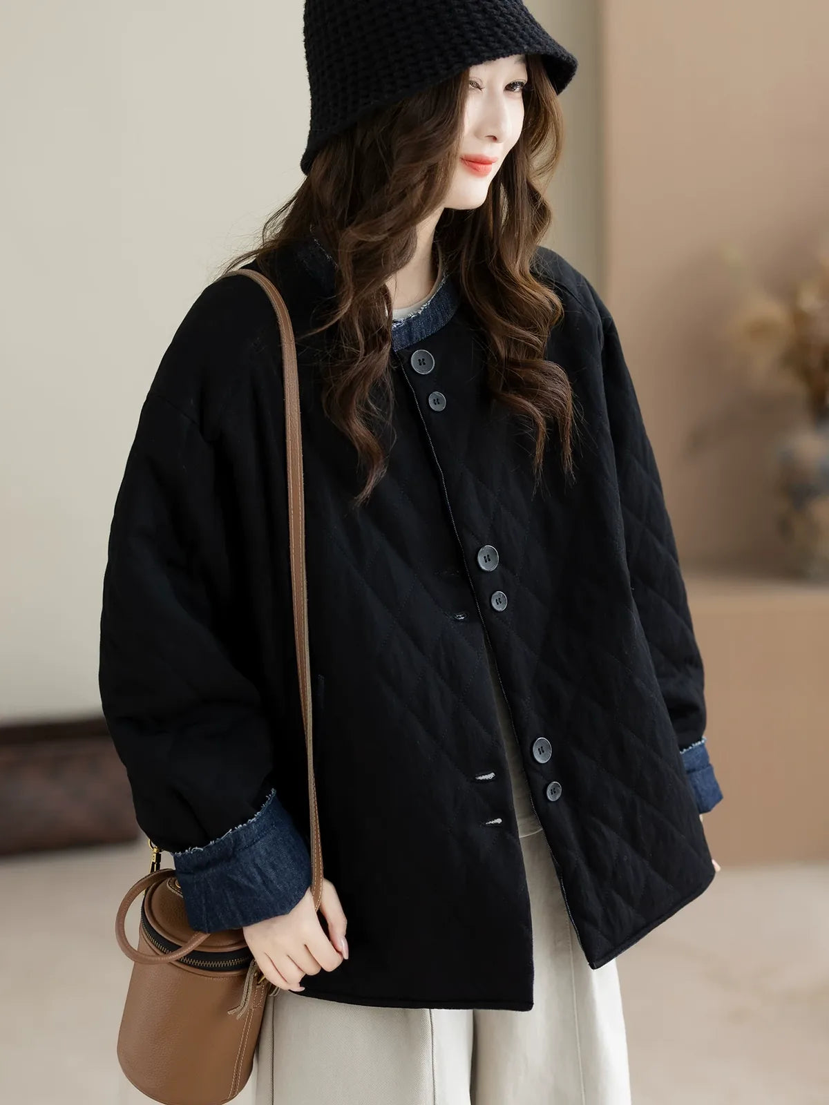 Quilted Padded Jacket with Contrast Denim Trim and Button Front