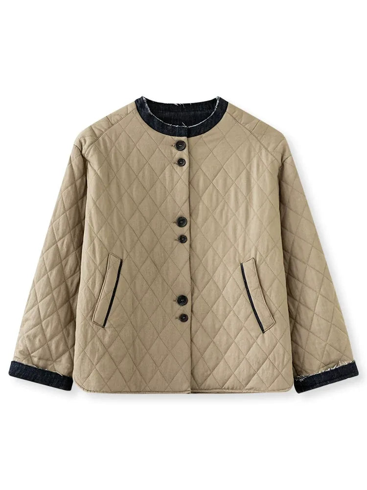 Quilted Padded Jacket with Contrast Denim Trim and Button Front