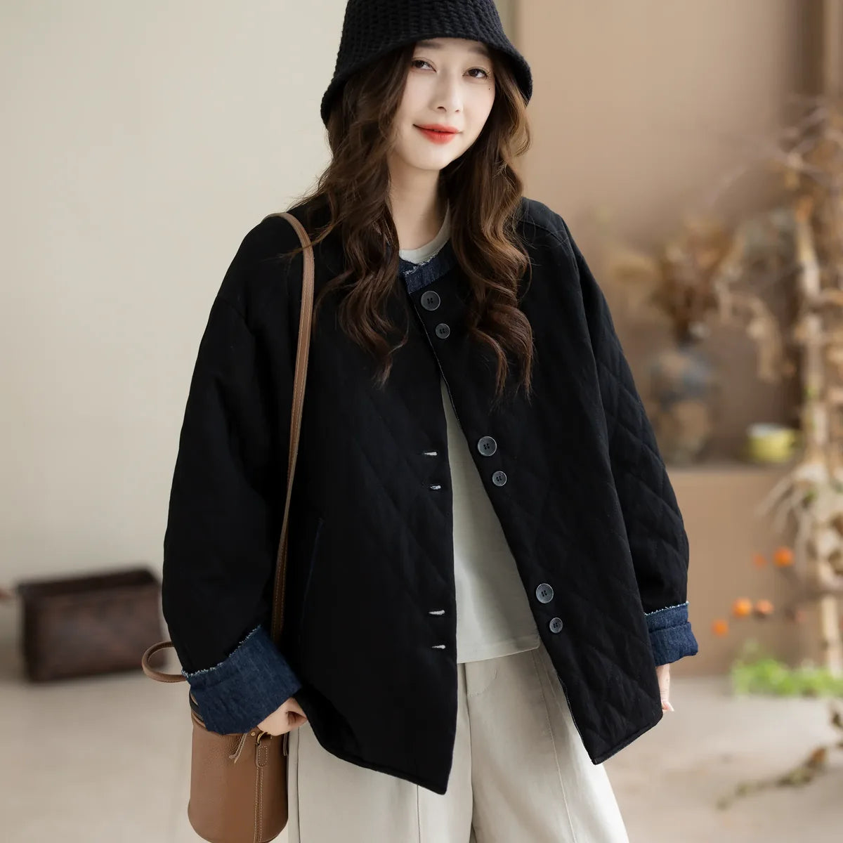 Quilted Padded Jacket with Contrast Denim Trim and Button Front