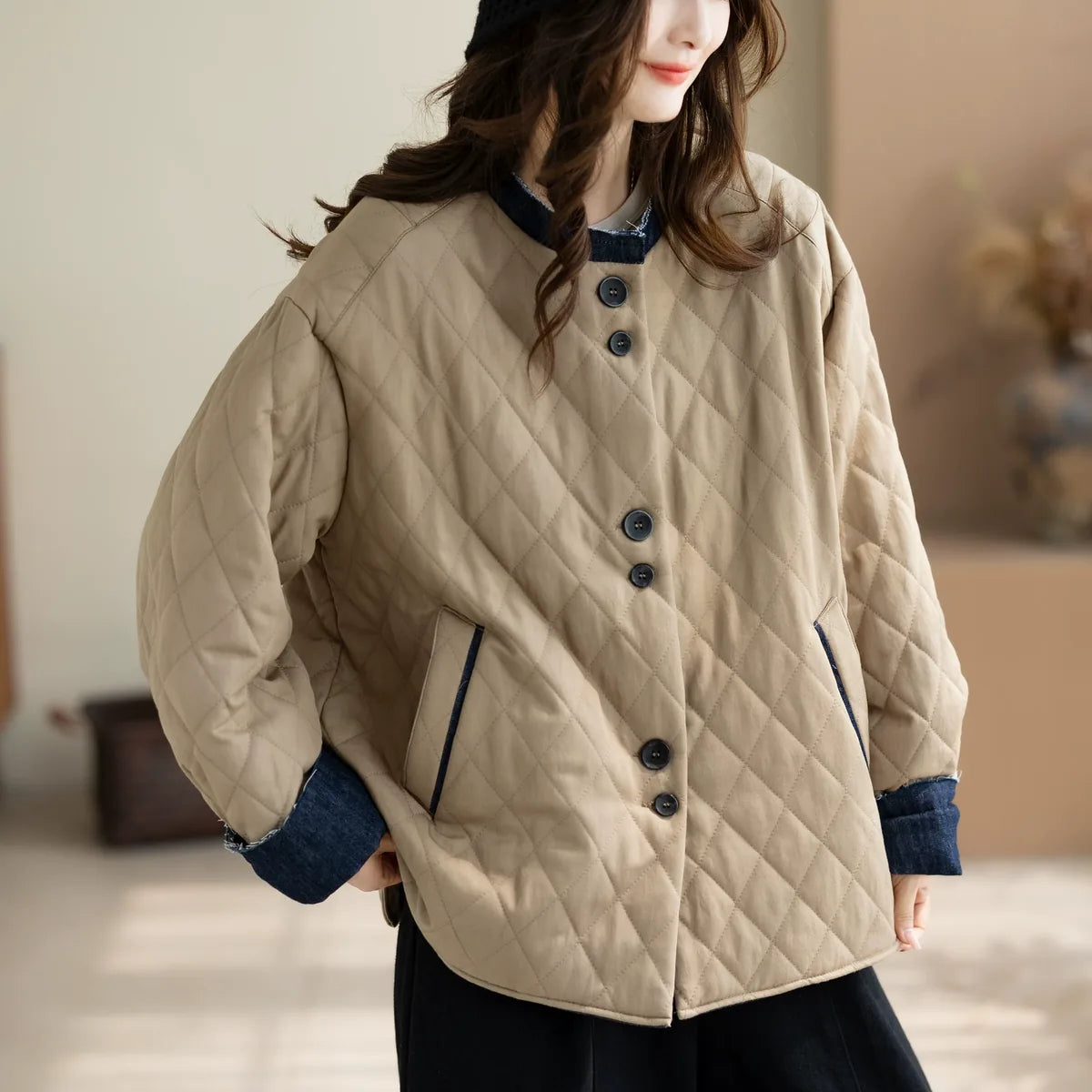Quilted Padded Jacket with Contrast Denim Trim and Button Front