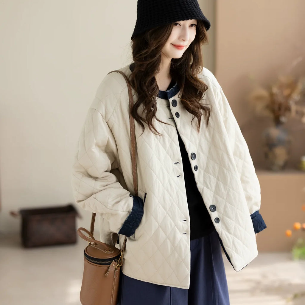 Quilted Padded Jacket with Contrast Denim Trim and Button Front
