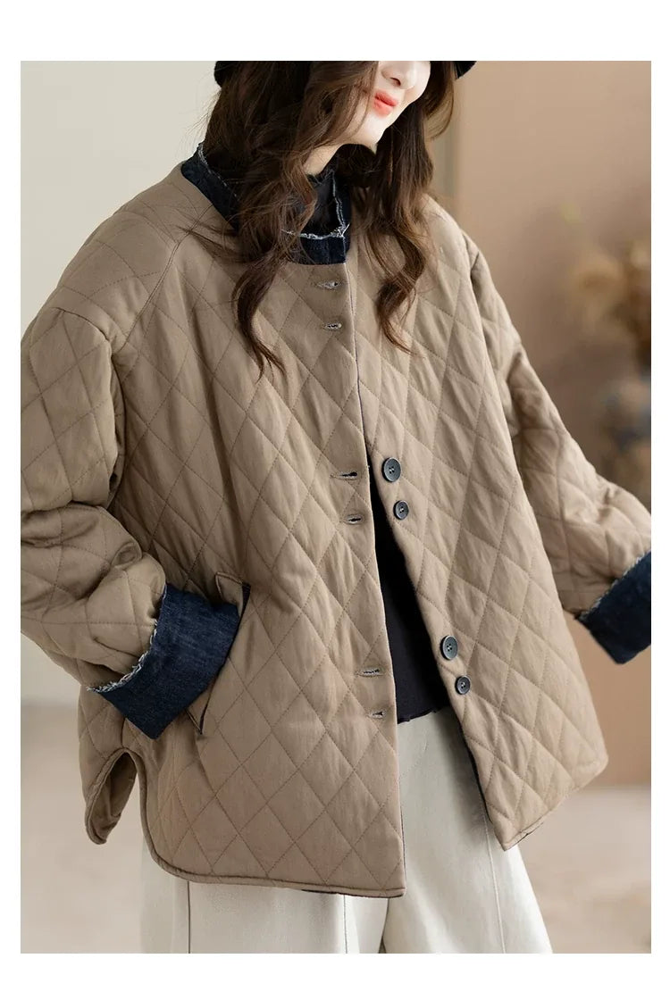 Quilted Padded Jacket with Contrast Denim Trim and Button Front