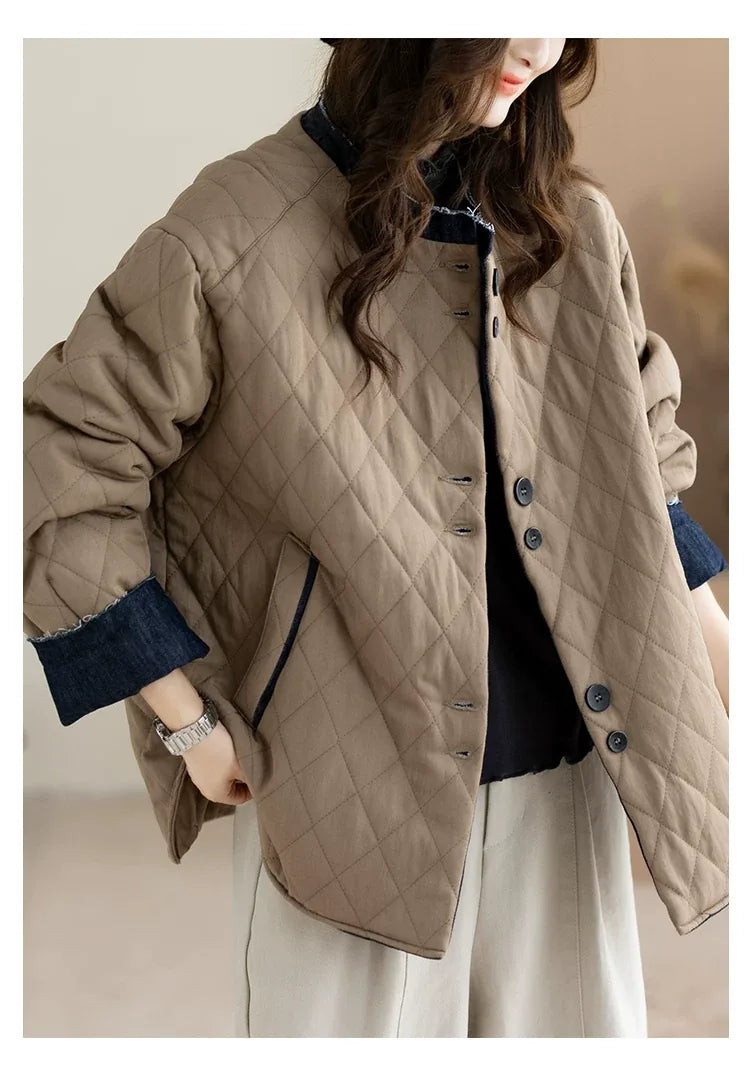 Quilted Padded Jacket with Contrast Denim Trim and Button Front