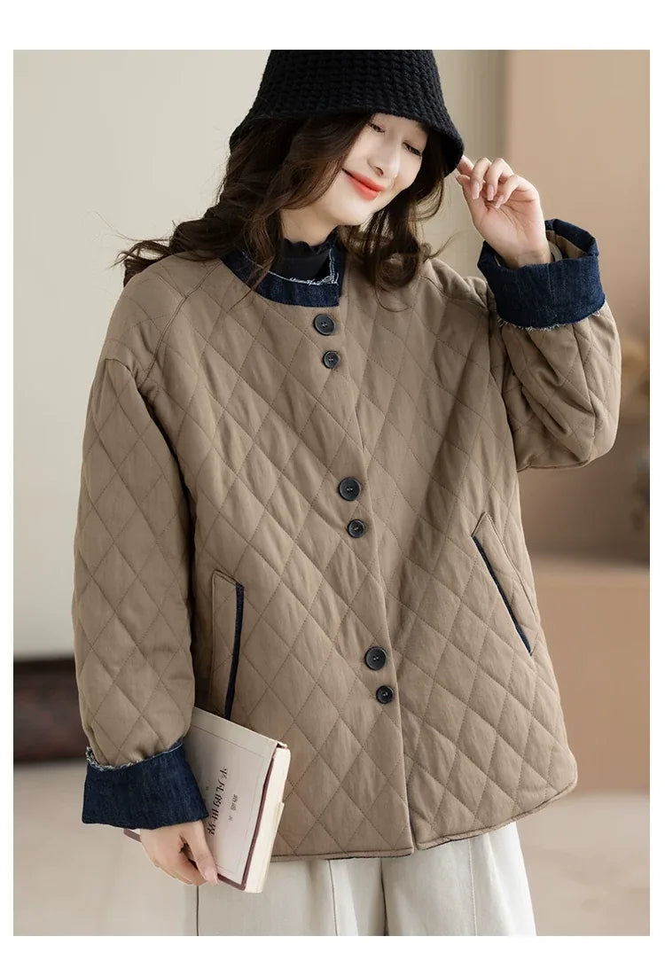 Quilted Padded Jacket with Contrast Denim Trim and Button Front