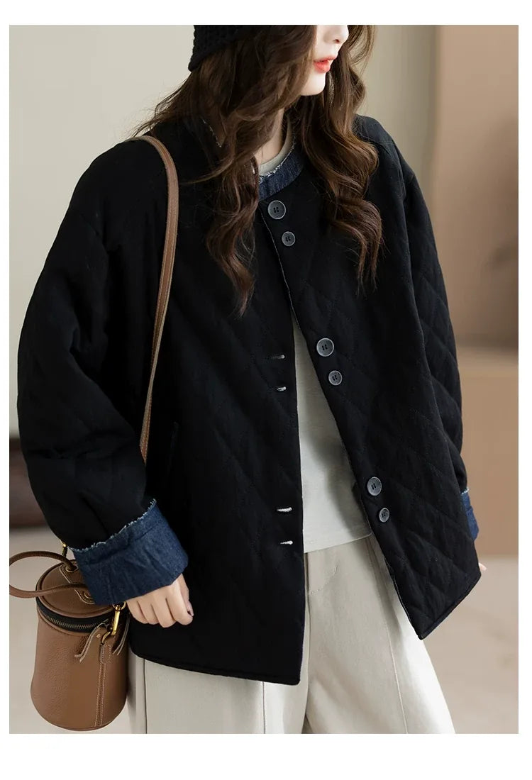 Quilted Padded Jacket with Contrast Denim Trim and Button Front