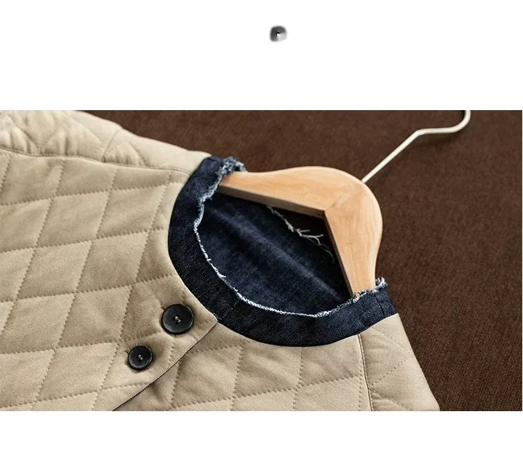 Quilted Padded Jacket with Contrast Denim Trim and Button Front