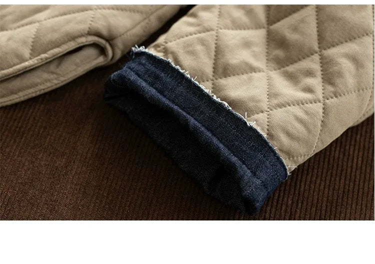 Quilted Padded Jacket with Contrast Denim Trim and Button Front