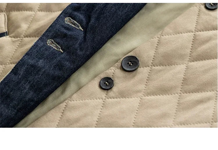 Quilted Padded Jacket with Contrast Denim Trim and Button Front
