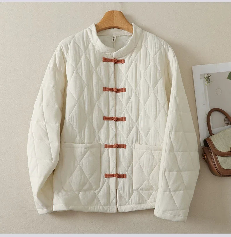 Quilted Padded Jacket with Mandarin Collar and Frog Buttons
