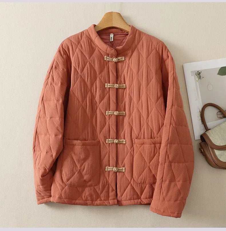 Quilted Padded Jacket with Mandarin Collar and Frog Buttons