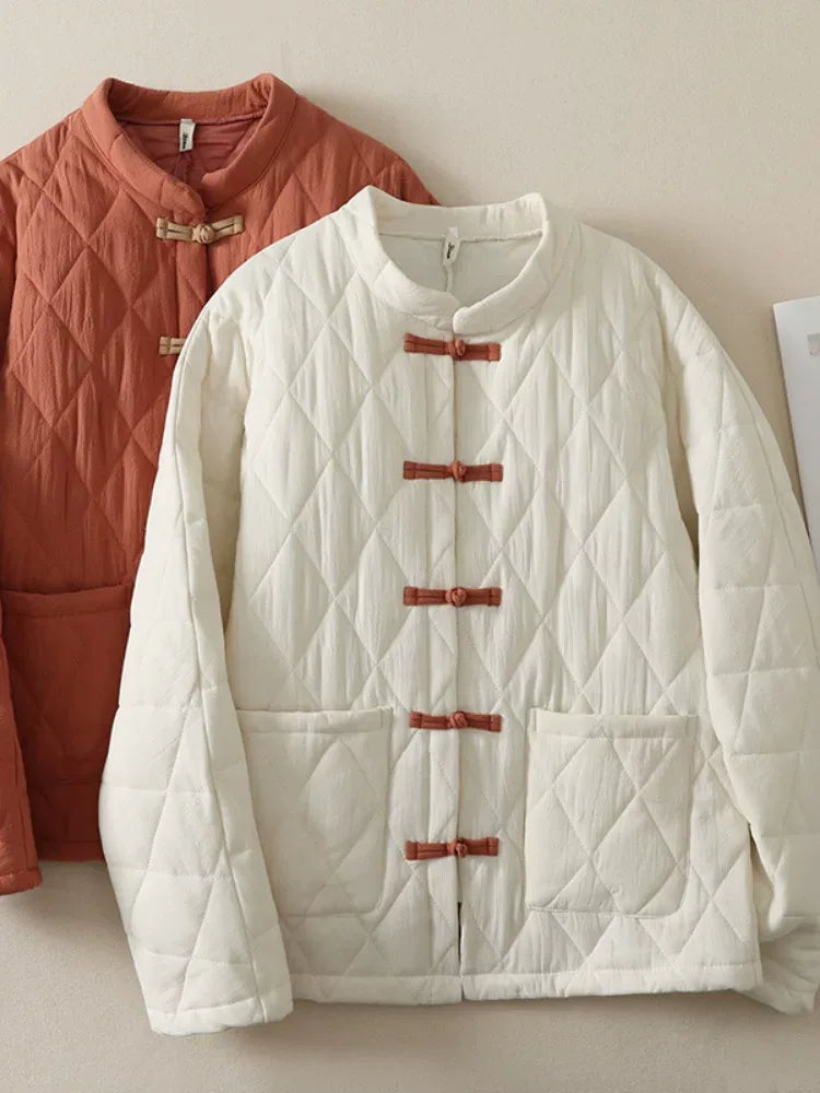 Quilted Padded Jacket with Mandarin Collar and Frog Buttons