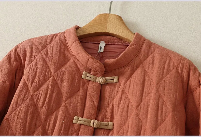 Quilted Padded Jacket with Mandarin Collar and Frog Buttons