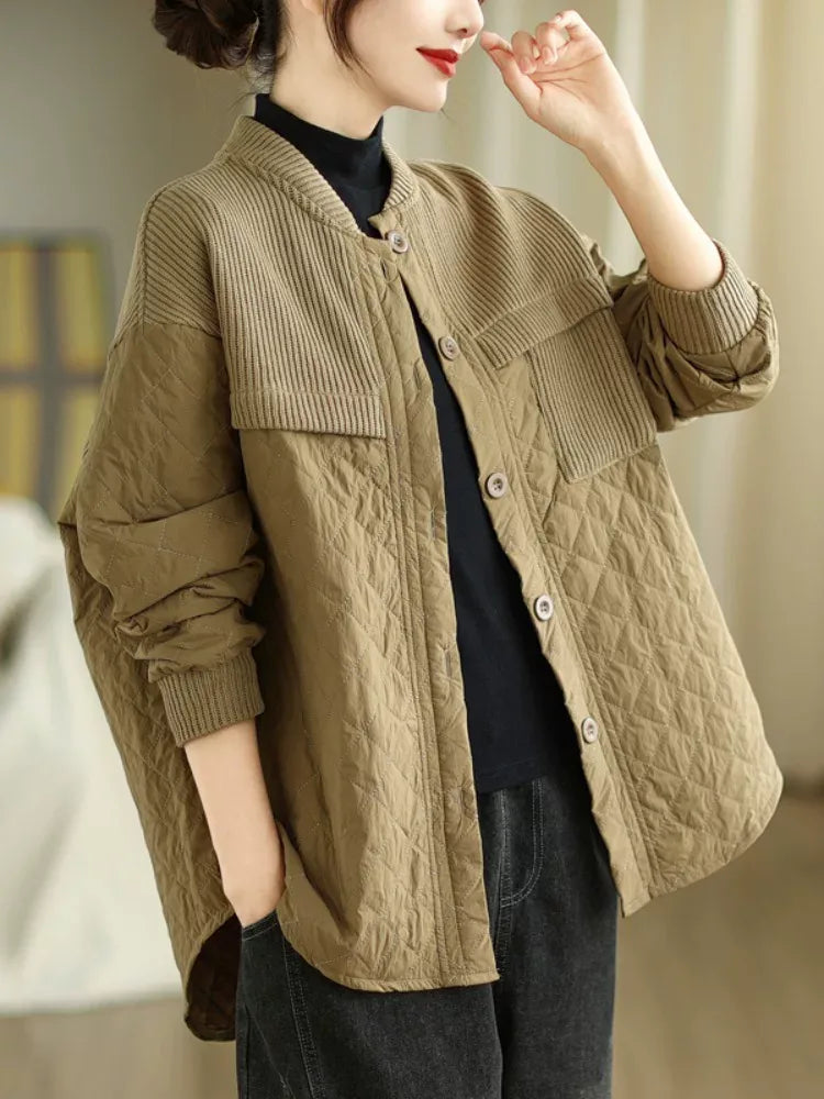 Quilted Padded Jacket with Ribbed Knit Yoke and Stand Collar