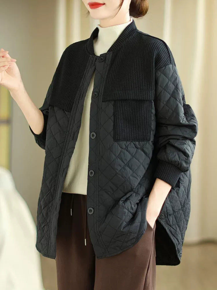 Quilted Padded Jacket with Ribbed Knit Yoke and Stand Collar