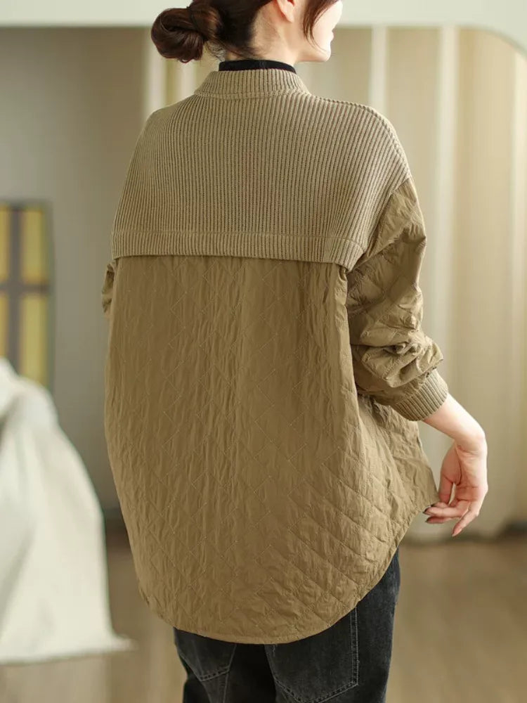 Quilted Padded Jacket with Ribbed Knit Yoke and Stand Collar