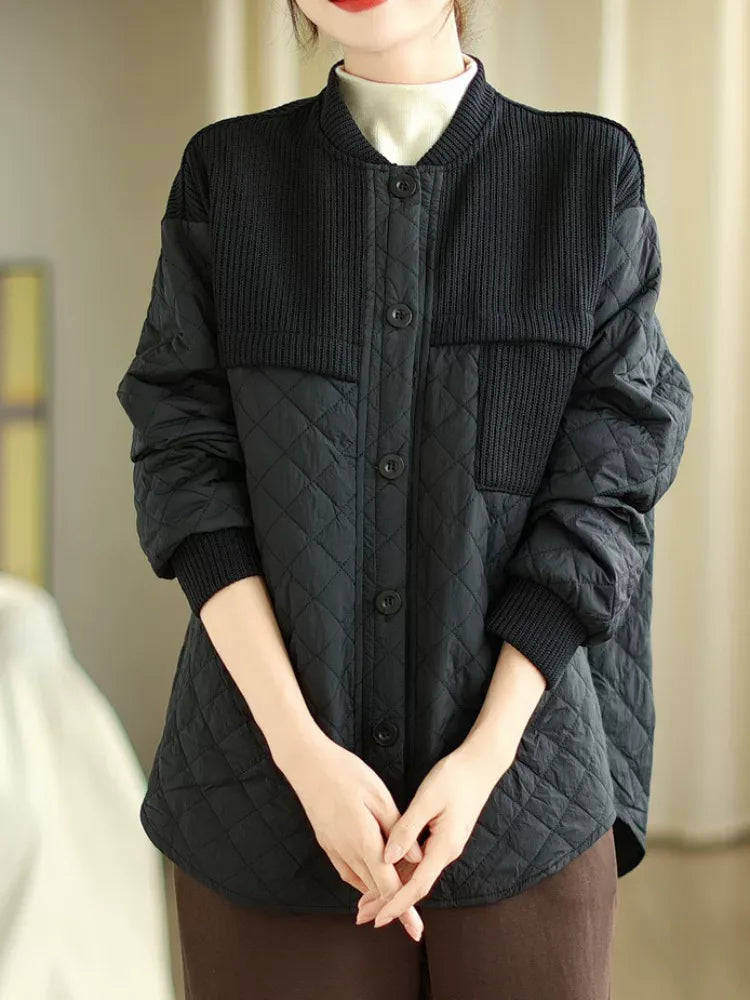 Quilted Padded Jacket with Ribbed Knit Yoke and Stand Collar