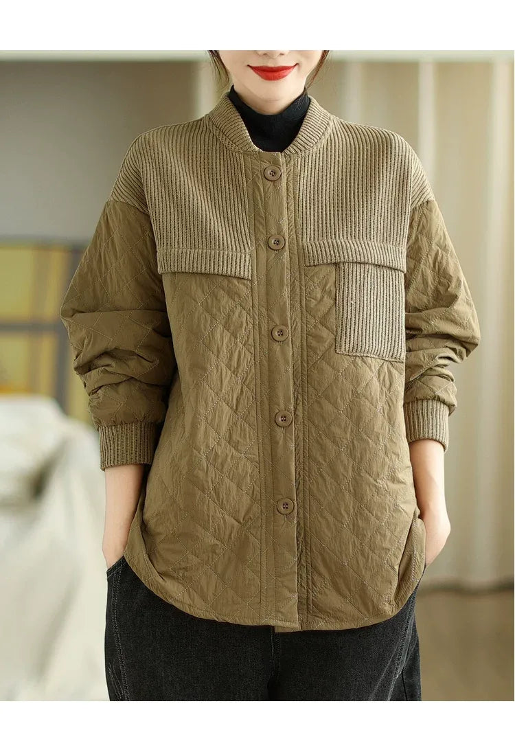 Quilted Padded Jacket with Ribbed Knit Yoke and Stand Collar