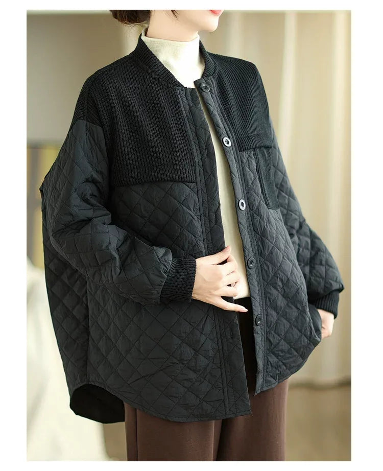Quilted Padded Jacket with Ribbed Knit Yoke and Stand Collar