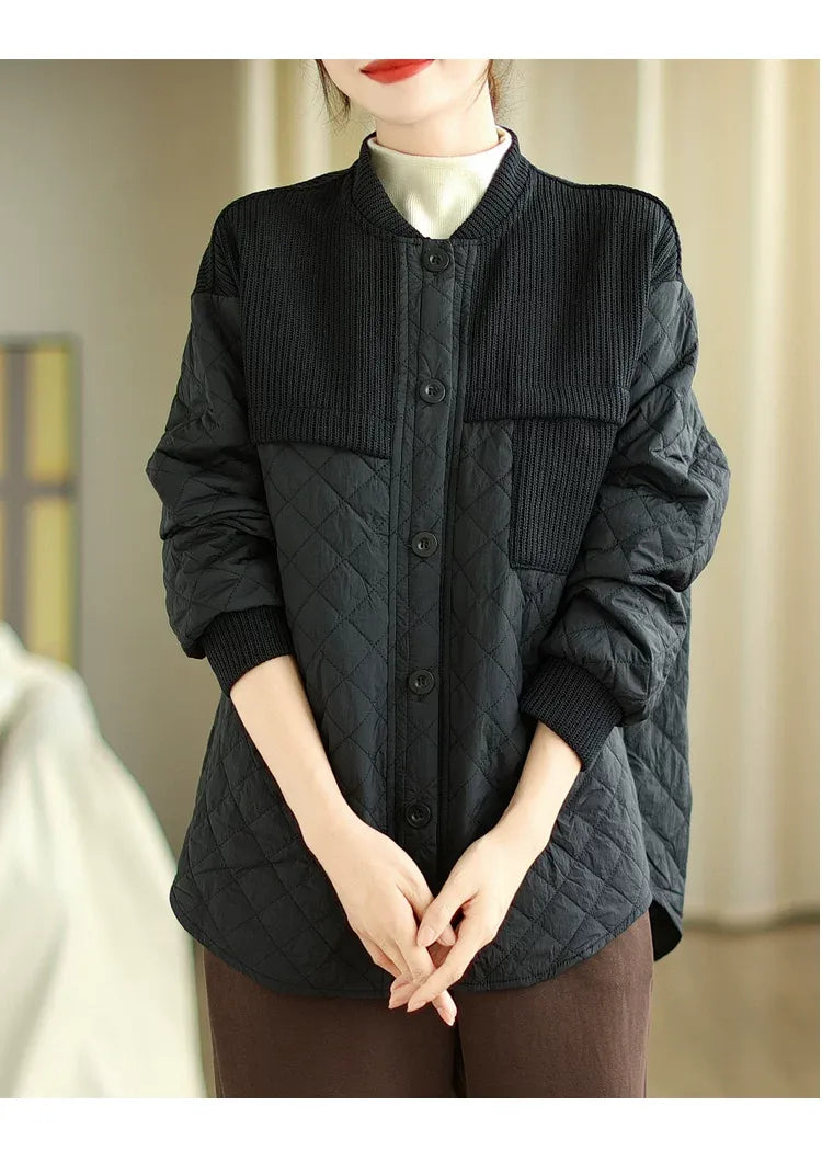Quilted Padded Jacket with Ribbed Knit Yoke and Stand Collar