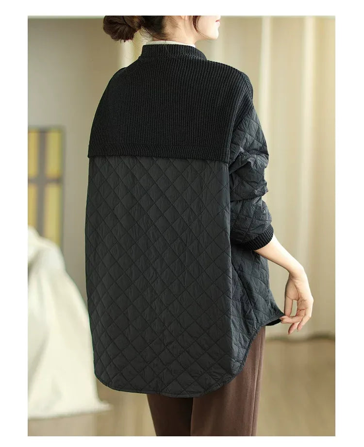 Quilted Padded Jacket with Ribbed Knit Yoke and Stand Collar