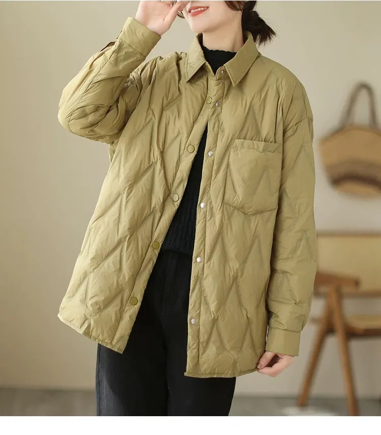 Quilted Padded Jacket with Shirt Collar and Snap Front