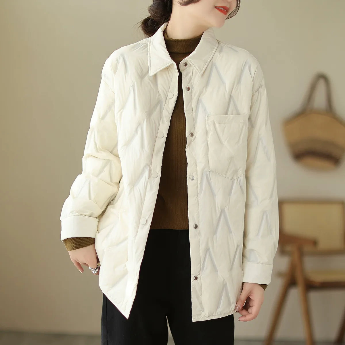 Quilted Padded Jacket with Shirt Collar and Snap Front