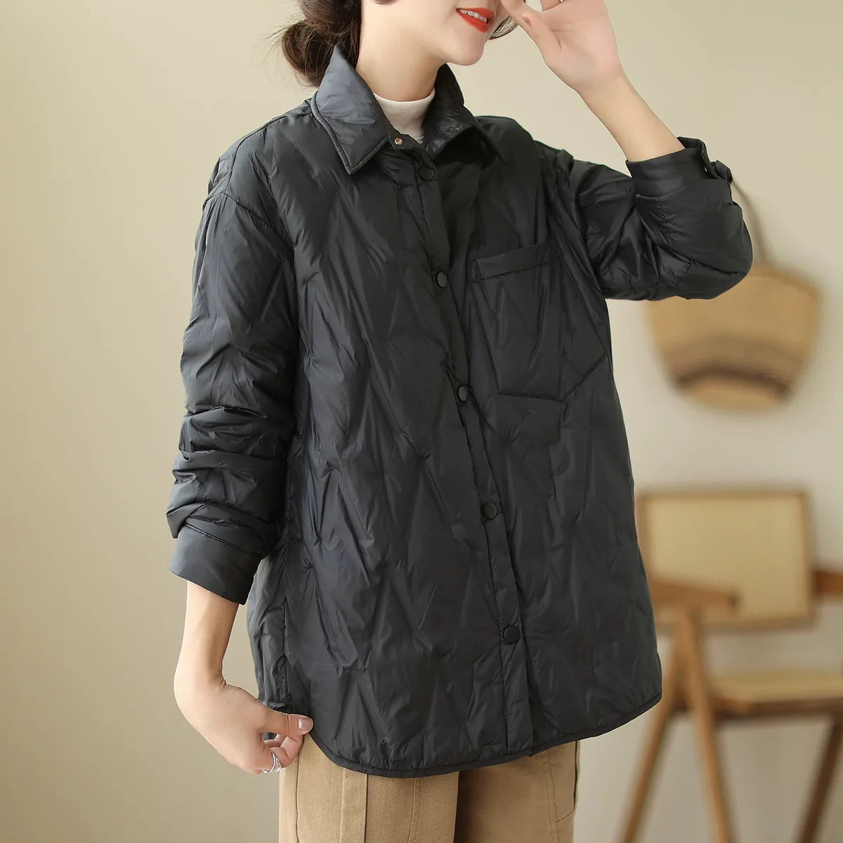 Quilted Padded Jacket with Shirt Collar and Snap Front