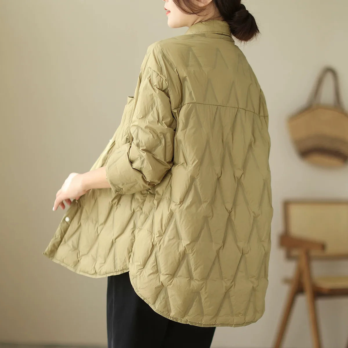 Quilted Padded Jacket with Shirt Collar and Snap Front