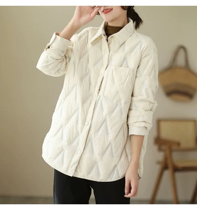 Quilted Padded Jacket with Shirt Collar and Snap Front