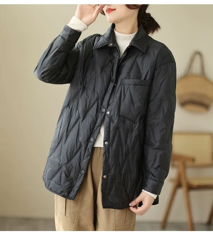 Quilted Padded Jacket with Shirt Collar and Snap Front