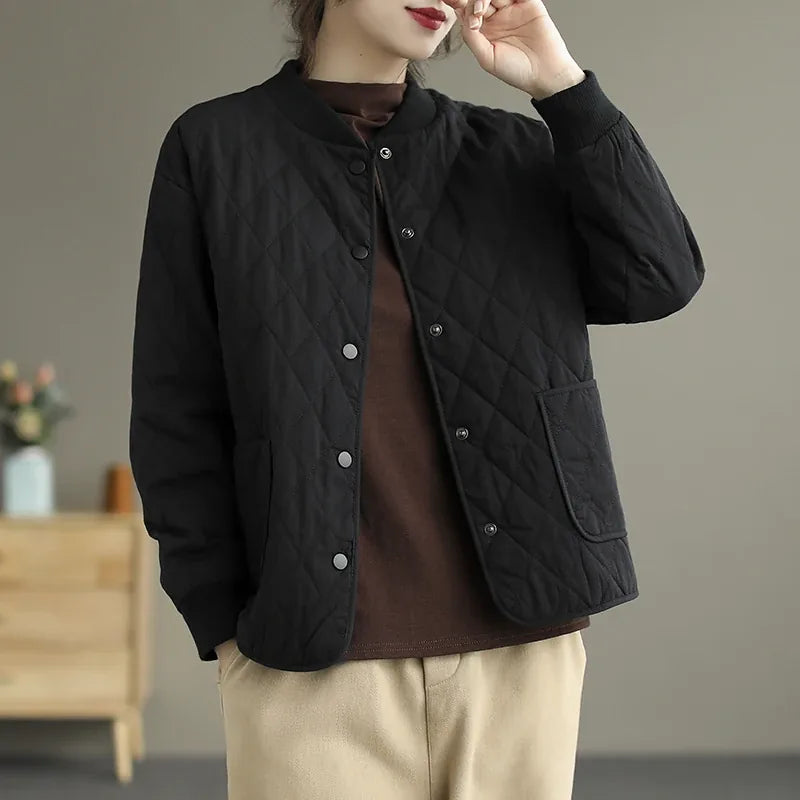 Quilted Padded Jacket with Stand Collar and Patch Pockets