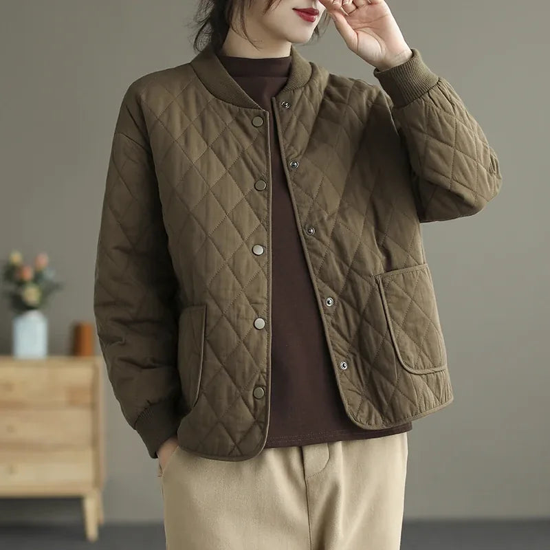 Quilted Padded Jacket with Stand Collar and Patch Pockets