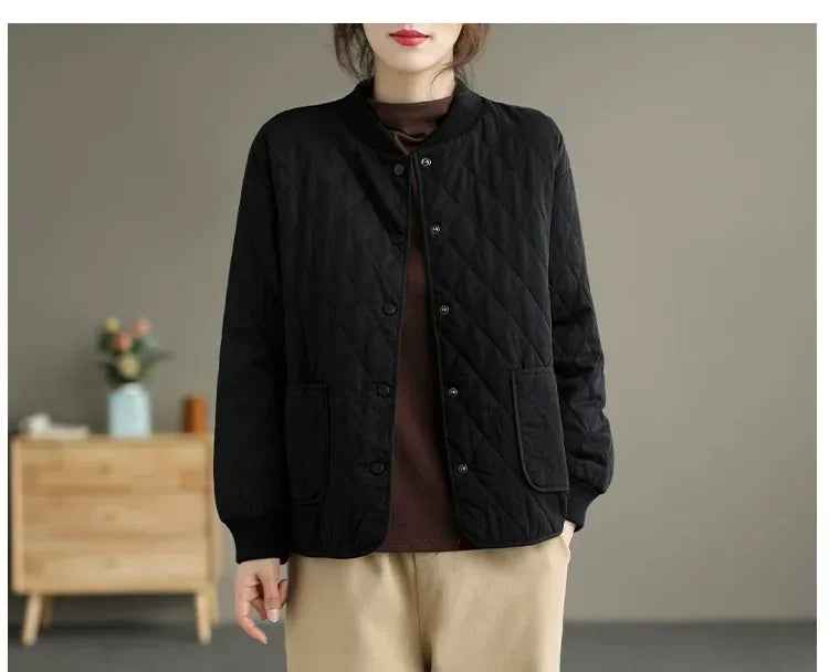 Quilted Padded Jacket with Stand Collar and Patch Pockets