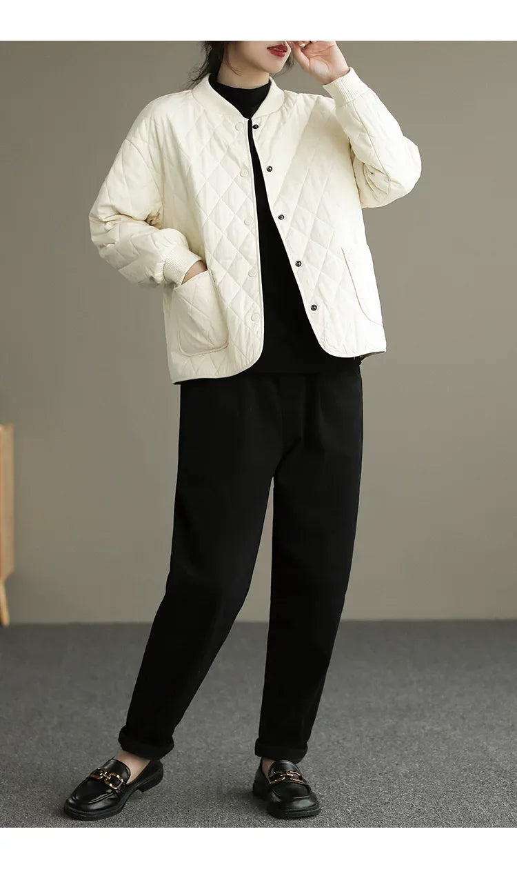 Quilted Padded Jacket with Stand Collar and Patch Pockets