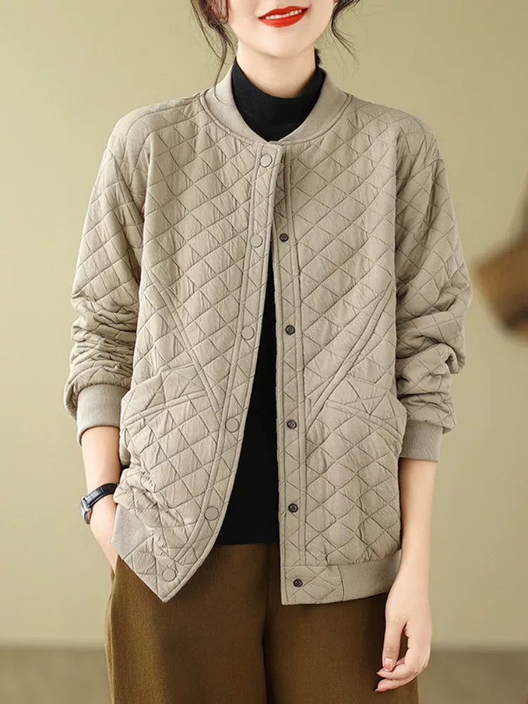 Quilted Padded Jacket with Stand Collar and Snap Buttons