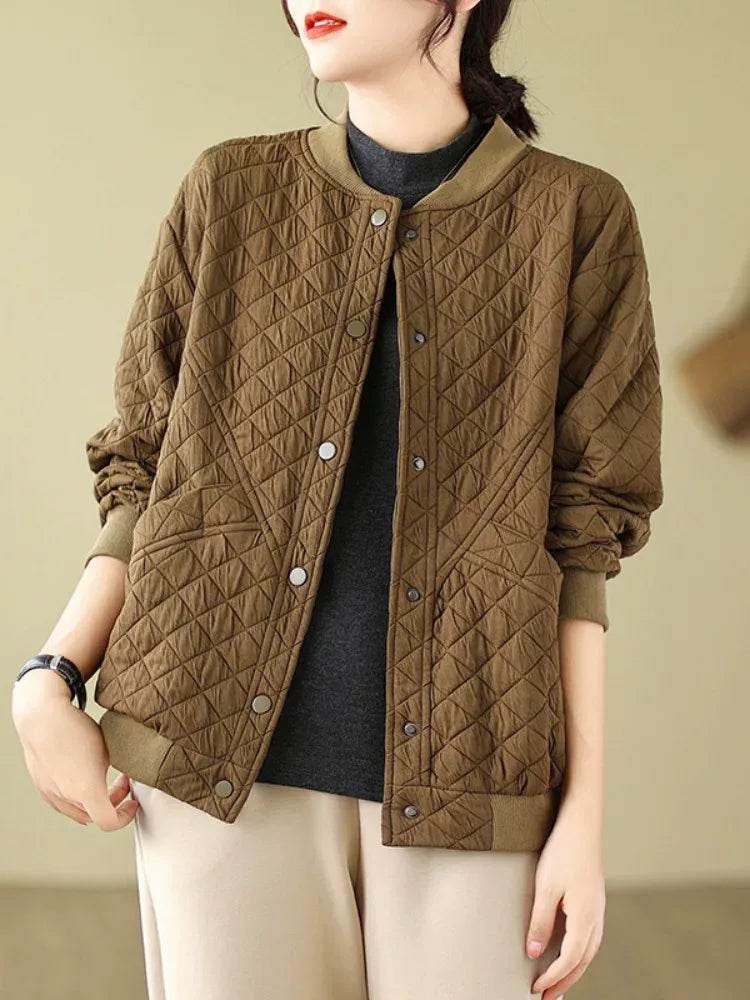 Quilted Padded Jacket with Stand Collar and Snap Buttons
