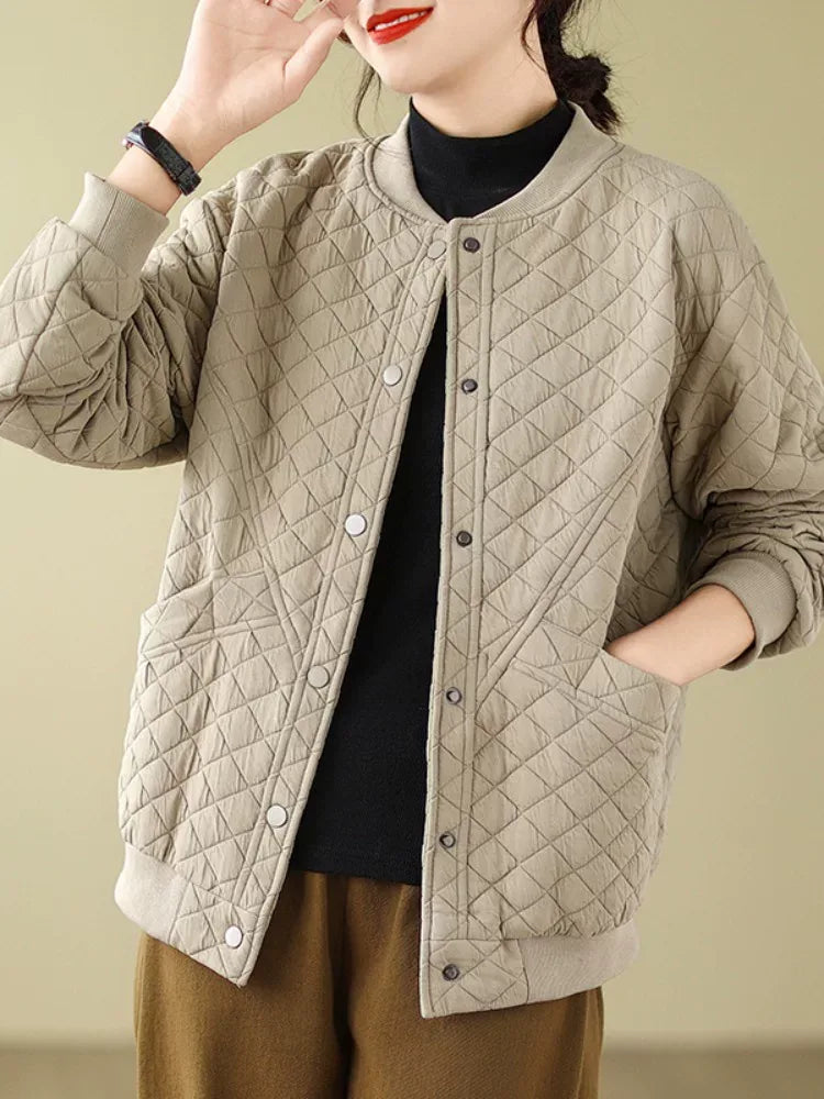 Quilted Padded Jacket with Stand Collar and Snap Buttons