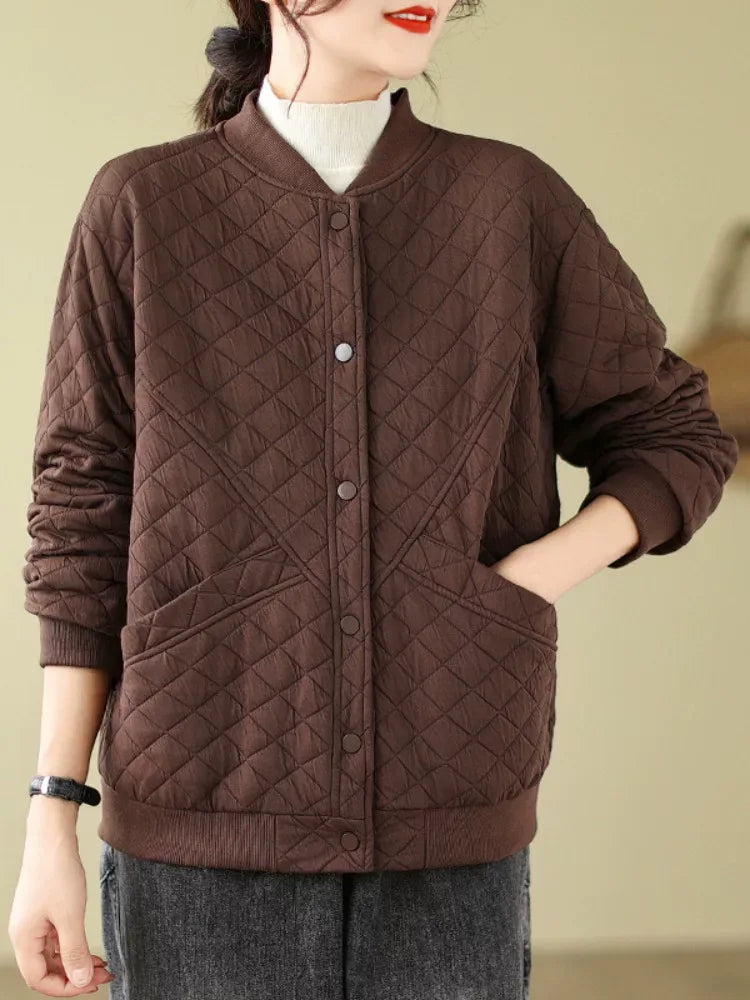 Quilted Padded Jacket with Stand Collar and Snap Buttons