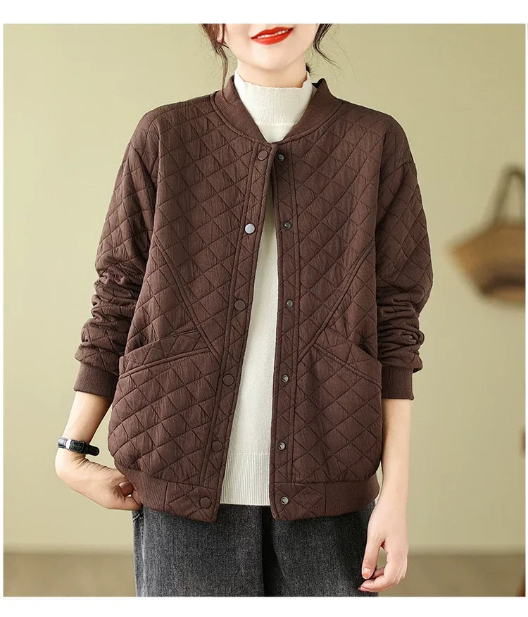 Quilted Padded Jacket with Stand Collar and Snap Buttons