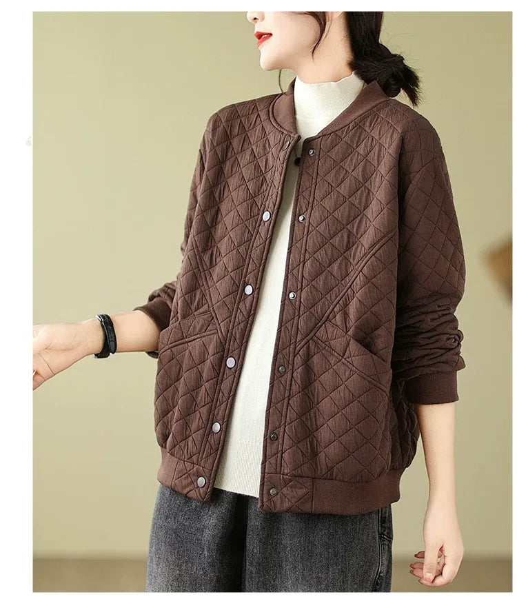 Quilted Padded Jacket with Stand Collar and Snap Buttons