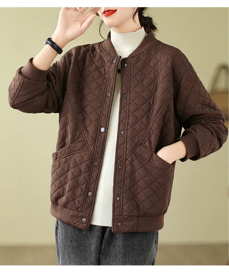 Quilted Padded Jacket with Stand Collar and Snap Buttons