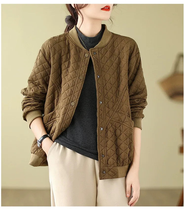 Quilted Padded Jacket with Stand Collar and Snap Buttons