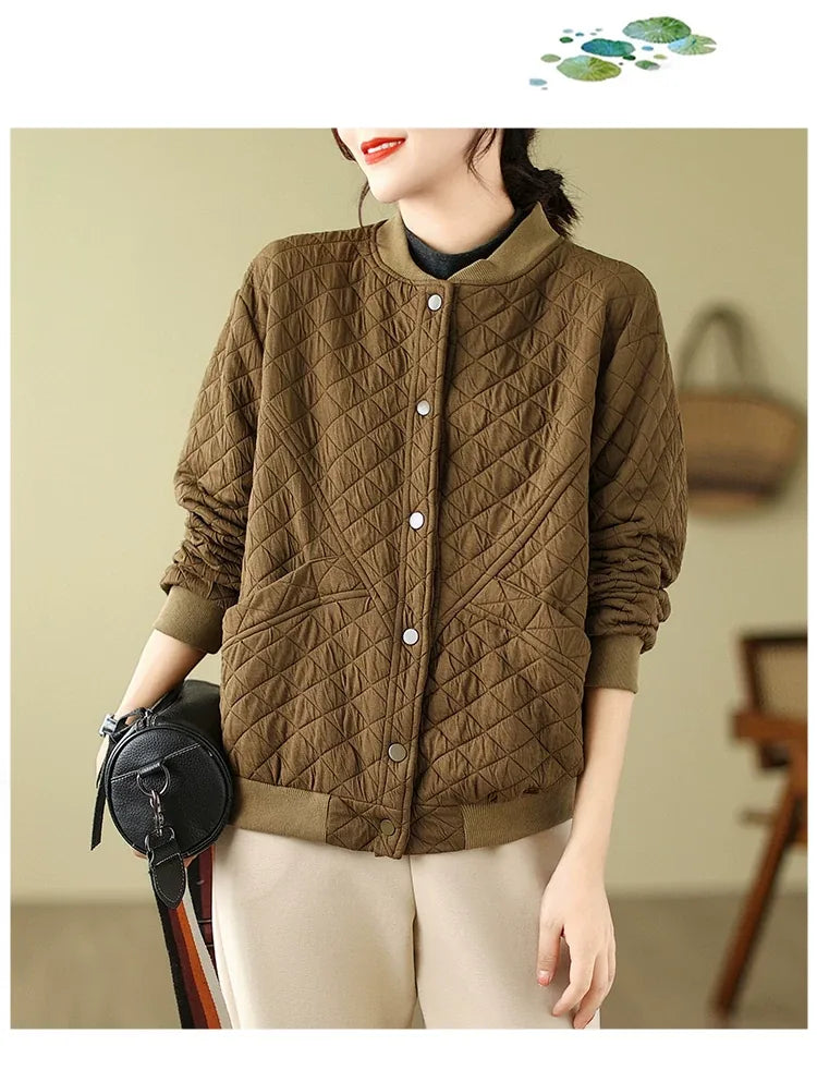 Quilted Padded Jacket with Stand Collar and Snap Buttons