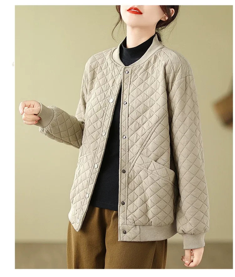 Quilted Padded Jacket with Stand Collar and Snap Buttons